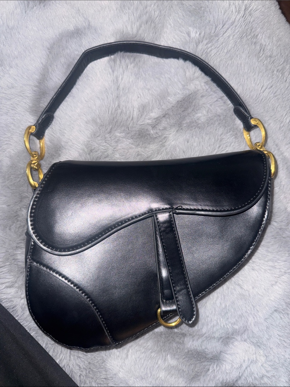Small Sculpted Black Saddle Shoulder Bag with Gold Hardware